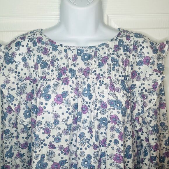 Modcloth Floral Prairie Doll Mini Dress Ruffle Shoulder Purple Blue L NWT - Picture 5 of 12